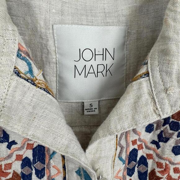 John Mark Shirt small s tan linen embroidered tunic beachy tropical cruise - Picture 5 of 5